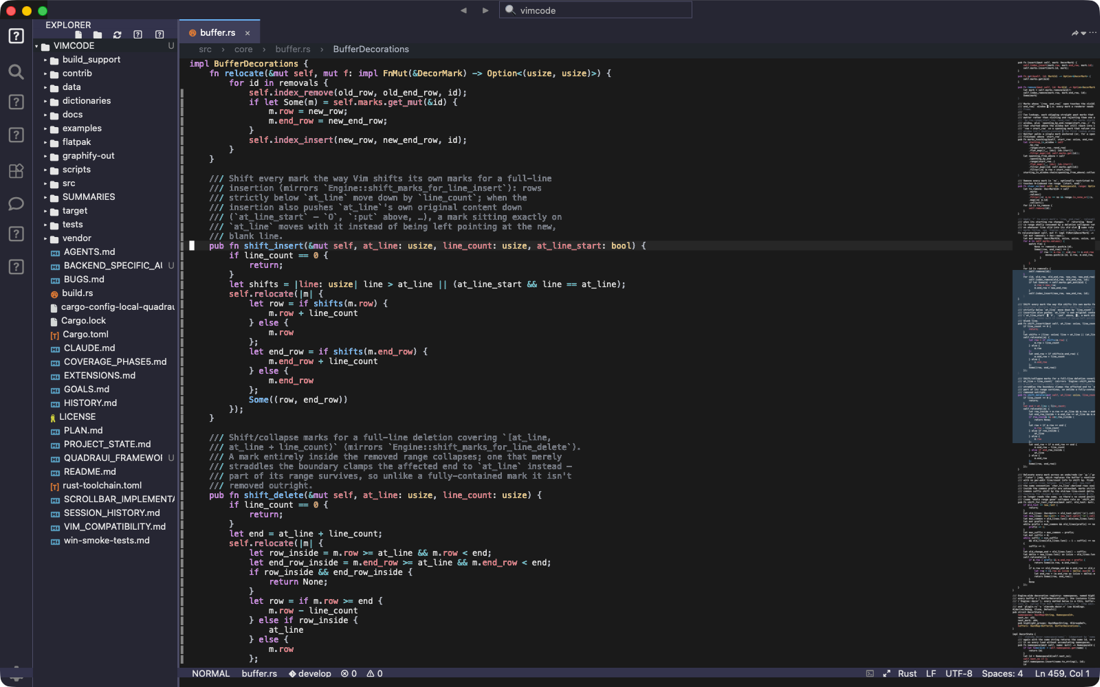 Preview of VimCode's native macOS GUI (AppKit) editing a Rust file; some activity-bar icons still render as placeholder boxes
