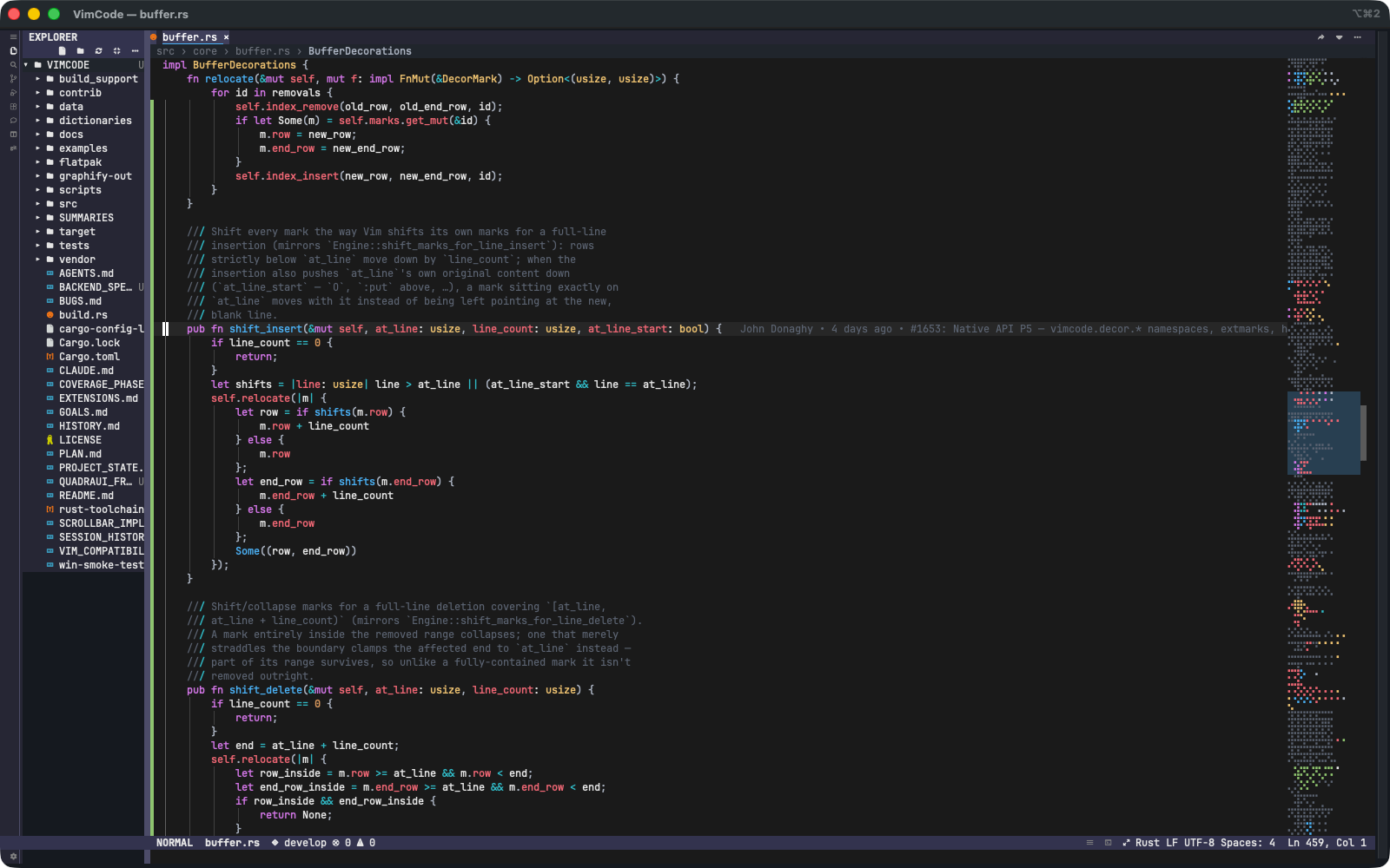 VimCode TUI (vcd) on macOS editing a Rust file, with the file explorer, syntax highlighting, inline git blame and minimap