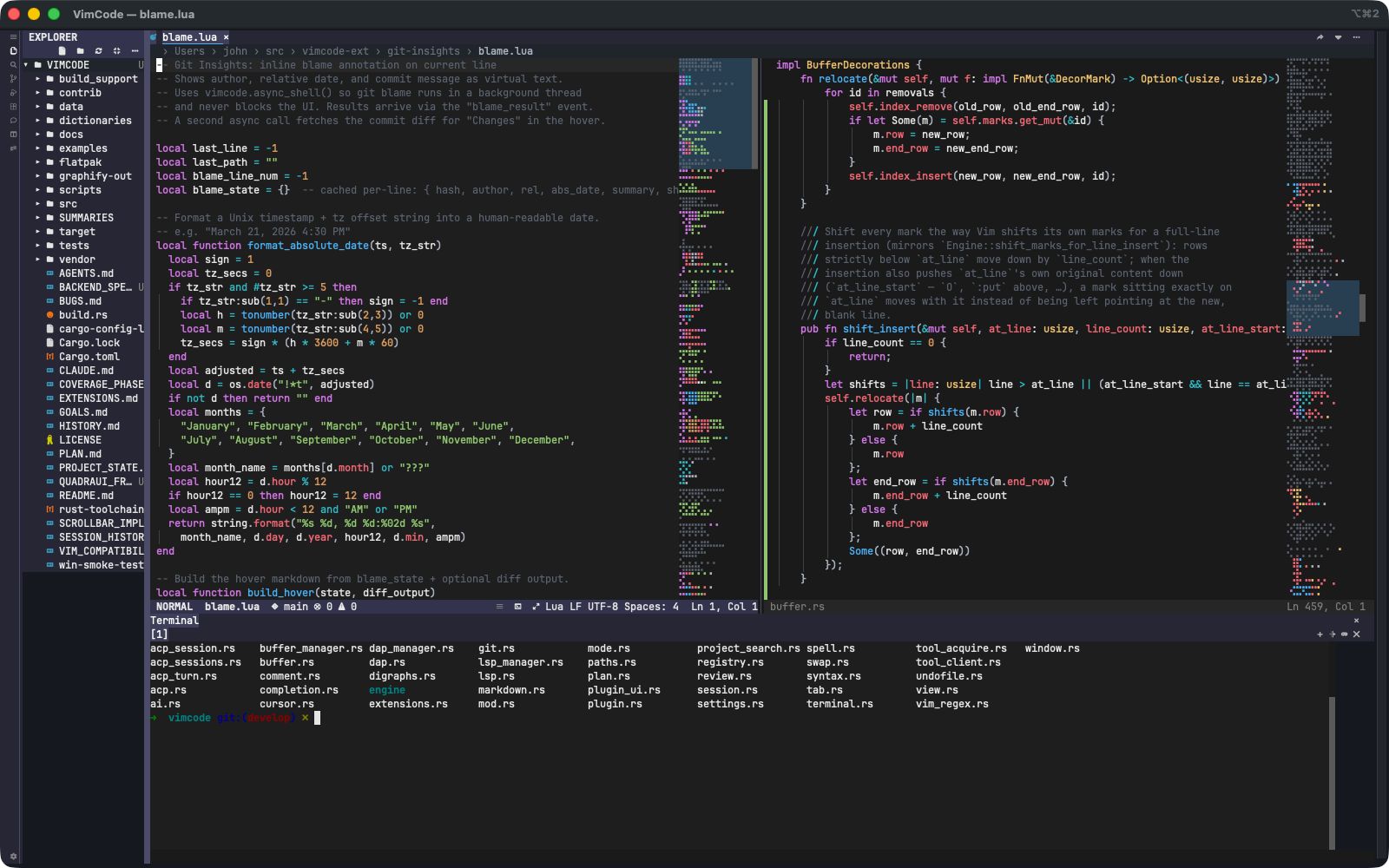 VimCode TUI with a vertical split showing a Lua extension beside Rust code, and the integrated terminal panel below